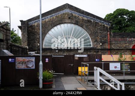 The remaining one of a pair of fan glass window at Buxton Station in the Derbyshire Peak District viewed from the platform. The window dates from 1863 Stock Photo