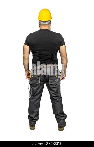 worker with hard hat seen from behind isolated on white. Stock Photo
