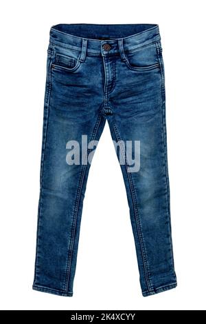 Blue jeans. Closeup of a trendy stylish dark blue denim pants or trousers for boys isolated on a white background. Clipping path. Kids summer and autu Stock Photo