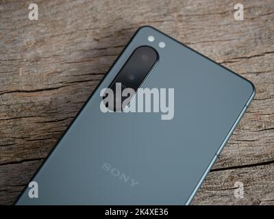 Galati, Romania - October, 04 2022: Sony launch new smartphone Sony Xperia 5 IV 5G with Zeiss lenses Stock Photo