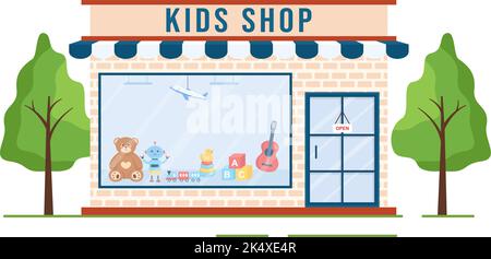 Kids Shop Building Template Hand Drawn Cartoon Flat Style Illustration with Children Equipment such as Clothes or Toys for Shopping Concept Stock Vector