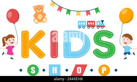 Kids Shop Building Template Hand Drawn Cartoon Flat Style Illustration with Children Equipment such as Clothes or Toys for Shopping Concept Stock Vector