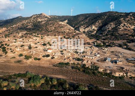 Aerial view of the Turkish Cypriot village of Souskiou (Susuz) in the Diarizos Valley, Paphos region,  Cyprus. The village was abandoned in July 1974. Stock Photo