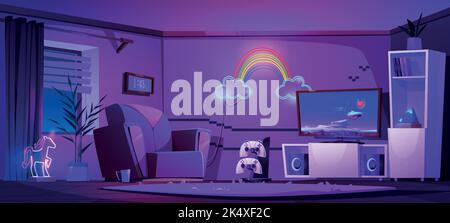 Gamer room with tv screen, play station, joysticks, chair and neon rainbow lamp on wall. Esport player home interior with game console and monitor at night, vector cartoon illustration Stock Vector