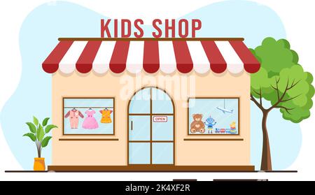 Kids Shop Building Template Hand Drawn Cartoon Flat Style Illustration with Children Equipment such as Clothes or Toys for Shopping Concept Stock Vector