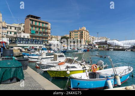 ANZIO, ROME, ITALY - July 18, 2022: View of the ancient commercial port of Anzio a city about 51 kilometres (32 mi) south of Rome. Stock Photo