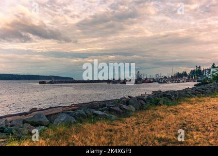 The harbor of Campbell River on Vancouver Island at sunset in summer Stock Photo