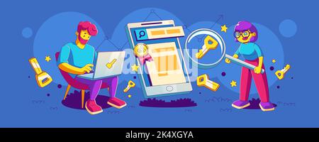 Keyword ranking concept with man work on laptop, woman with magnifier, mobile phone with badge of first place and keys. SEO research, advertising analytics, vector illustration in contemporary style Stock Vector