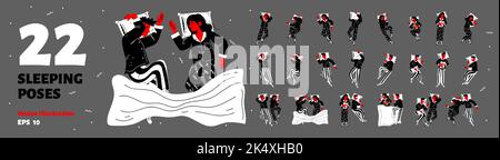 Top view of people sleeping in 22 different poses. Flat vector illustration set of happy single man, woman and couple lying in bed, having rest at night, wearing pajamas isolated on grey background Stock Vector