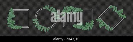 Silver frames with eucalyptus leaves isolated on transparent background. Natural green foliage borders decor of round, square, rectangular and rhombus shape. Realistic 3d vector decorative elements Stock Vector