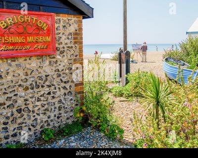 Brighton Beach United Kingdom - June 16 2009; Brighton Beach Fishing museum building with artist painting in background. Stock Photo