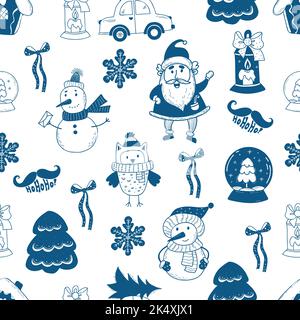 Christmas seamless pattern. New Years characters Santa Claus and snowman, owl and snowflake, Christmas tree on white background. Vector Linear Pattern Stock Vector
