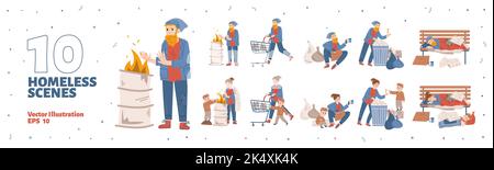 Scenes with homeless people, beggars living on city street. Hobo characters, sad needy mother with son and lonely man sleep on bench, dig in trash and begging, vector hand drawn illustration Stock Vector