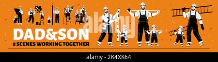 Dad and son builders working together. Father with child repair service workers in uniform. Parent with kid construction employees characters with tools, Cartoon Linear flat vector illustration, set Stock Vector