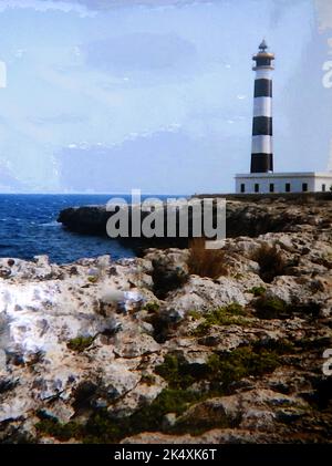 1999 photo of Far de Cala'n Bosch aka Cala en Bosch or Cala en Bosc lighthouse , Menorca, Spain.(Also known as  Cap d’Artrutx Lighthouse,  Artrutx Lighthouse &  Far d'Artrutx  ). Now incorporating a bar and restaurant, it was  completed and activated  in 1859,increased in height in 1969. and automated in 1980. ---- Foto de 1999 de Far de Cala'n Bosch aka Cala en Bosch o faro de Cala en Bosc, Menorca, España. (También conocido como Faro de Cap d'Artrutx, Faro de Artrutx y Far d'Artrutx). Fue completado y activado en 1859, aumentado de altura en 1969. y automatizado en 1980 Stock Photo