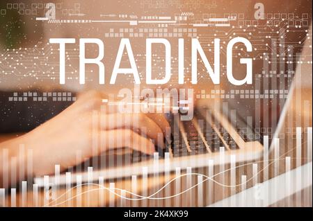 Cyber online trading and business. Woman hands typing on laptop keyboard at business meeting. Future technology concept. Stock Photo