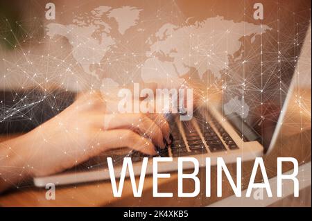 Webinar, personal development and e-learning, education, conference, course, meeting and seminar on internet, concept. Woman hands typing on laptop ke Stock Photo