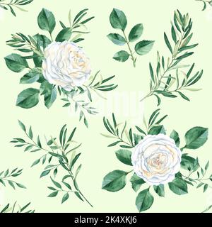 Seamless pattern with white roses, olive and pistachio branches on light green background. Watercolor illustration. Rustic style. Can be used for Stock Photo