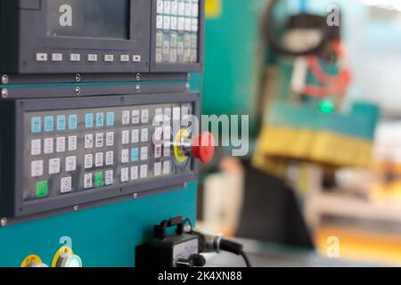 CNC control panel of modern woodworking machine. Selective focus. Stock Photo