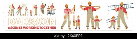 Dad and son in handyman uniform and helmet working together. Boy help father build and repair. Handyman and kid with construction tools, vector hand drawn illustration Stock Vector