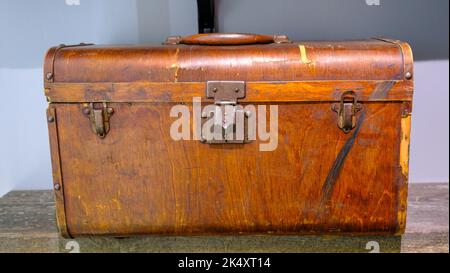 A very old wooden travel case. Well preserved in retro style Stock Photo