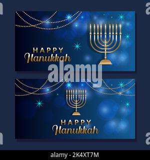 happy hanukkah in blue and gold color horizontal banner illustration set Stock Vector