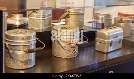 Beckley, West Virginia - Coal miners lunch buckets on display at the mine museum at the Beckley Exhibition Coal Mine. Stock Photo