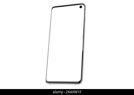 Smartphone with a white display on a white isolated background. Copyspace Stock Photo