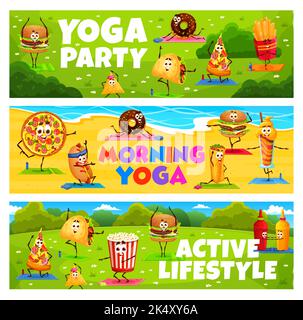 Yoga fitness banners. Cartoon fast food characters and personages. Horizontal background or vector banner with doing fitness exercises cheerful hamburger, pizza and taco, popcorn, donut and hotdog Stock Vector