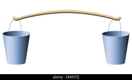 Two metal buckets on wooden yoke isolated on white background. Vector design element. Stock Vector