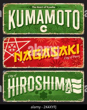 Nagasaki, Kumamoto, Hiroshima japanese travel plate. Japan city vacation journey nostalgic banner or tin sign. Asian travel destination vector worn postcard or plate, japanese town grunge sticker Stock Vector