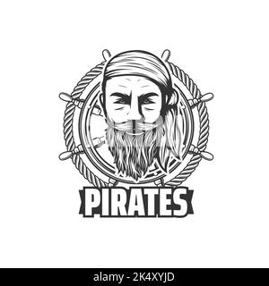 Pirates symbol or icon. Sailing sport team, ocean adventure and treasure search monochrome vector emblem with bearded filibuster or corsair in bandana and medieval ship wooden steering wheel Stock Vector