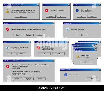 Error message windows, computer system warning, vector, PC alert popup screen interface. Critical error message windows of runtime notification with continue, quit and reboot option for unknown error Stock Vector