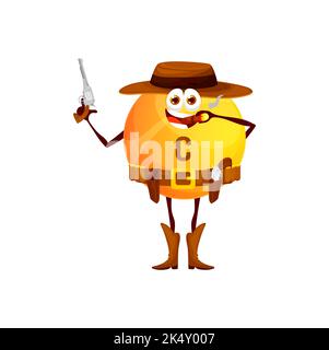 Cartoon vitamin C cowboy character. Funny vector western ranger or horseman wear hat, smoking cigar with gun in hand. Yellow capsule, health care personage, isolated fantasy smiling game adventurer Stock Vector