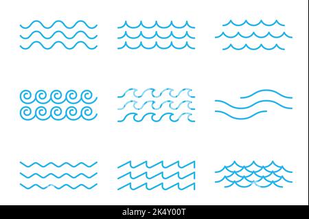 Outline sea and ocean surf wave icons, blue water or marine tide pattern, vector borders and frames. Blue water wave ripples and tidal curves or curls of flowing aqua, marine wavy ripple line frames Stock Vector