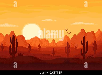 8bit pixel desert landscape, arcade game level vector background with mountains and sunset. 8 bit pixel art game cartoon landscape of Arizona or Texas desert with canyon rocks, cactus, birds and sun Stock Vector