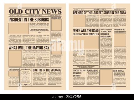 Vintage newspaper, old paper with city news page, vector retro background. Newspaper articles and picture frames, newsprint press with headline or news poster with titles in columns and empty pictures Stock Vector