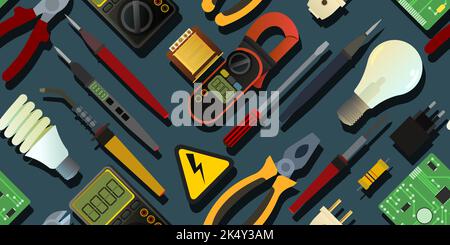 Tools for electrician. Repair of radio electronic and microprocessor equipment. Spare parts components and service. Seamless pattern. Vector Stock Vector