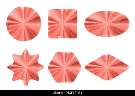 Red stickers set. Label gradient stamps. Metal textured badges. Iridescent foil in different geometric shapes. Vector chrome emblems. Stock Vector