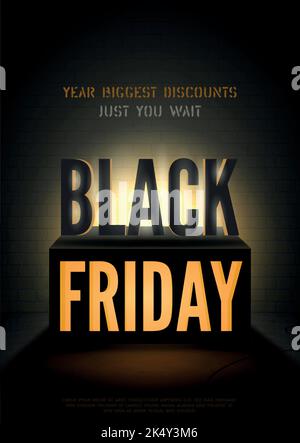 Weak rear spotlight beam and Black Friday 3d inscription with vintage neon box. Seasonal sale poster design layout with copyspace. Orange glowing lightbox intriguing vector banner template. Stock Vector