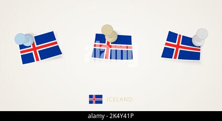 Pinned flag of Iceland in different shapes with twisted corners. Vector pushpins top view. Flag set. Stock Vector