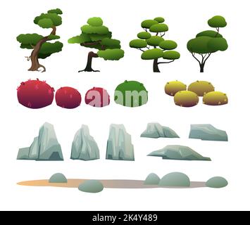 Set of object Japanese garden and flower bed with small trees, stones and flowers. Isolated on white background. Illustration vector. Stock Vector