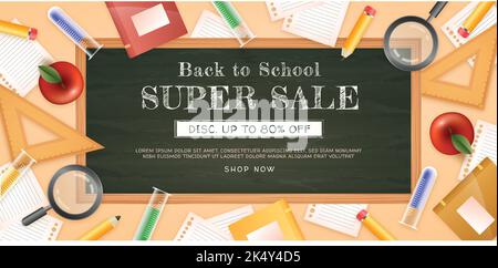realistic back school sale horizontal banner template vector design illustration Stock Vector