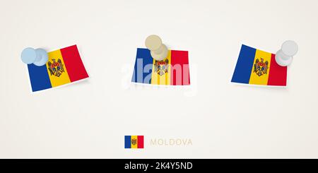 Pinned flag of Moldova in different shapes with twisted corners. Vector pushpins top view. Flag set. Stock Vector