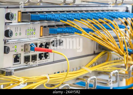 Fiber Optic Patch Cords Connected to Optical Line Terminal Stock Photo