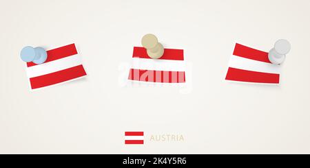 Pinned flag of Austria in different shapes with twisted corners. Vector pushpins top view. Flag set. Stock Vector