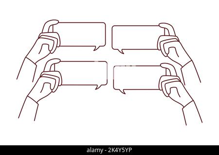 Diverse people hands holding mockup message bubbles with comments online. Users comment on internet. Talk balloons with empty copy space. Feedback and notification.  Stock Vector