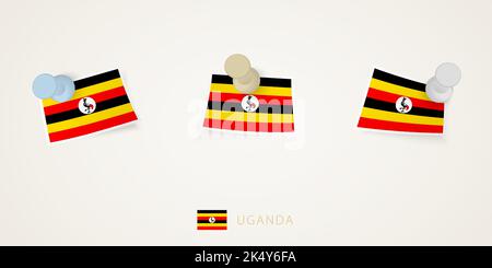 Pinned flag of Uganda in different shapes with twisted corners. Vector pushpins top view. Flag set. Stock Vector