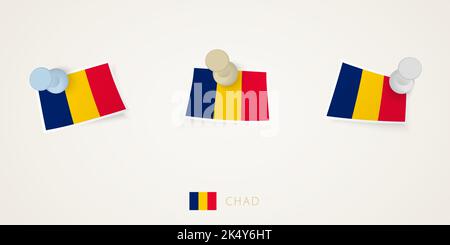 Pinned flag of Chad in different shapes with twisted corners. Vector pushpins top view. Flag set. Stock Vector