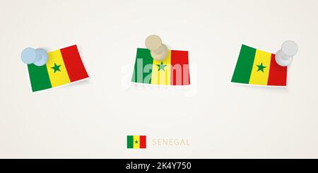 Pinned flag of Senegal in different shapes with twisted corners. Vector pushpins top view. Flag set. Stock Vector